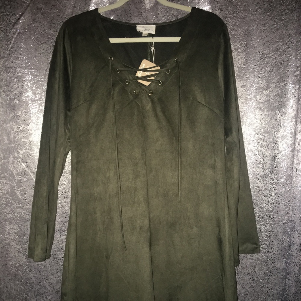 Olive Green  Faux suede A-line dress